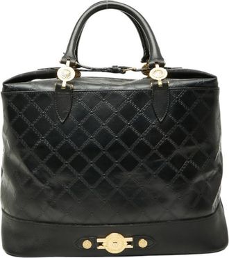 Versace Black Gold Leather Boston Bag Tote Bag (Pre-Owned)