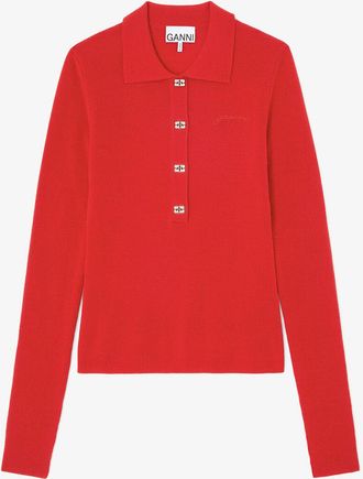 Ganni Goji Berry Polo Shirt in Red Merino - Size XXS Wool