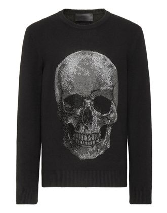 Philipp Plein Cashmere Pullover Round Neck LS Iconic Plein with Crystals