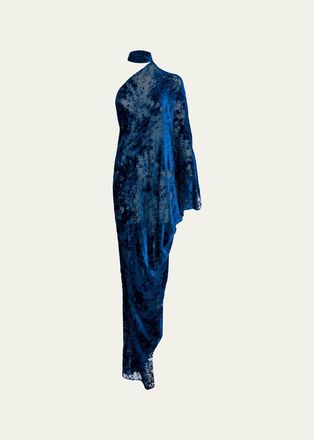 Silvia Tcherassi Anya Mock-Neck Asymmetric Velvet Burnout Maxi Dress