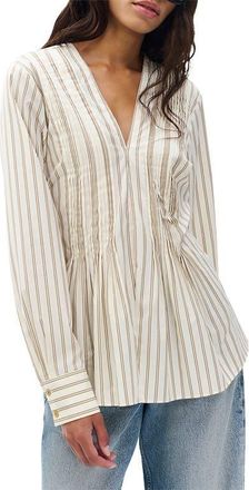 Rag & Bone Asher Stripe Pleated Cotton Blouse in Brown Stripe at Nordstrom, Size Xx-Small