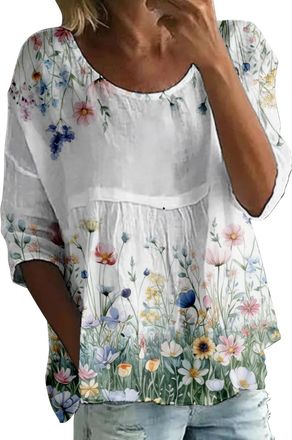 Generic Smock Tops for Women UK, Linen Tops for Women UK, 3/4 Sleeve Crew Neck Boho T-Shirts Elegant Floral Print Blouses Breathable Lightweight Shirts Linen 