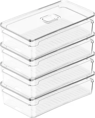 Ou Clear Stackable Fridge Organizer Bin with Drain Tray and Vented Lid, 4 Pack in Clear With White Drainer at Nordstrom