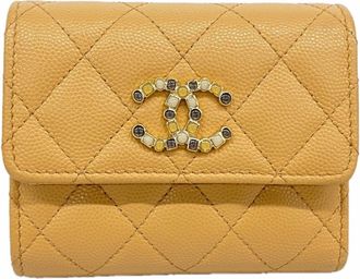 Chanel Beige Grained Calfskin Wallet (Tri-Fold) (Pre-Owned)