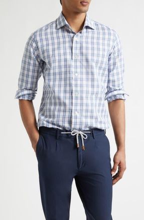 Eleventy Dandy Collar Check Cotton & Linen Button-Up Shirt in 08 Denim at Nordstrom, Size Xxx-Large