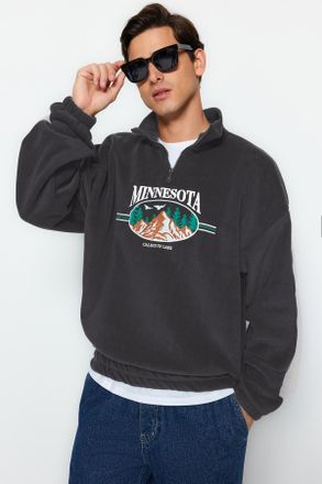 Trendyol MAN Unisex Grijs Slogan Lang Oversized Sweatshirts