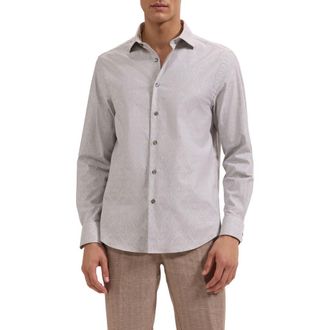 Bugatchi Axel Shaped Fit Stretch Cotton Button-Up Shirt in Khaki at Nordstrom, Size Xxx-Large