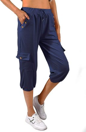 Heekpek Women Cropped Trousers Sweatpants Capri Trousers Casual Baggy Elastic Waist with Pockets Cropped Joggers for Yoga Workout Summer, Navy, Size XXL