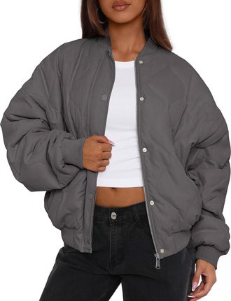 PrettyGarden Womens Quilted Bomber Jacket Lightweight Cropped Zip up Outerwear 2025 Fashion Winter Puffer Coats with Pockets, Dark Grey, M