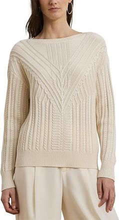 Lauren Ralph Lauren Cable-Knit Cotton-Blend Boatneck Sweater Womens Sweater Mascarpone Cream : XL, Cotton/Viscose