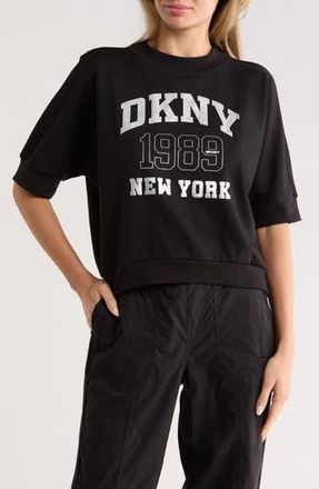 DKNY Rhinestone 1989 Logo Short Sleeve Crop Sweatshirt in Black at Nordstrom Rack, Size X-Small