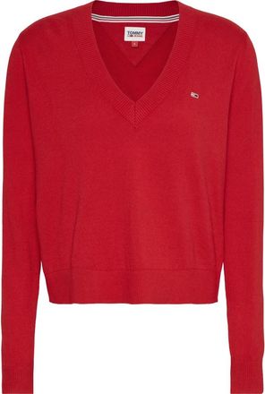 Tommy Jeans Rode Trui V-Hals Lange Mouw - Dames - V-hals truien - Rood - XS - Katoen - Truien & Vesten