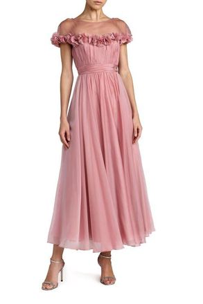 Mac Duggal Chiffon Illusion Neck Midi Dress With 3D Flowers in Rose Gold at Nordstrom, Size 16