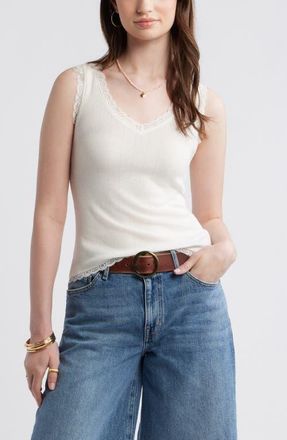 Treasure & Bond Pointelle Lace Trim Cotton Blend V-Neck Tank in Ivory Egret at Nordstrom, Size Xx-Large