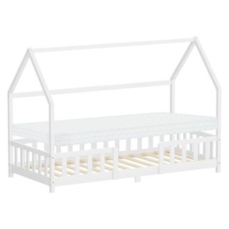 ML Design Ml-design Cama Infantil 90x200cm Blanco, Con Colch&oacute;n, Protecci&oacute;n Antica&iacute;da, Techo Y Somier, Listones De Madera De Maciza De Pino Lecho Doble Montessor