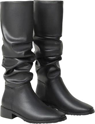 Generic Womens Knee High Boots Pleated Design Belt Buckle Chunky Heel Casual Style