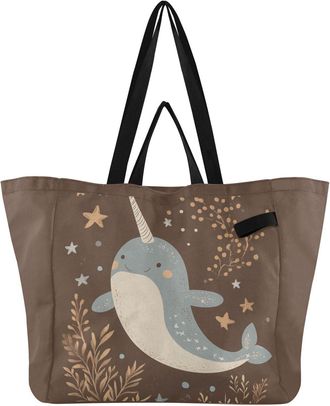 Generic Narwhal Stars Plants Brown pattern Reusable Canvas Tote Bag, Heavy Duty Grocery Shopping Bag with Large Capacity Double Handles Hard Bottom Work Groce