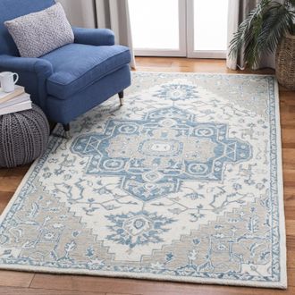 Safavieh Micro-Loop Hand Made Area rug, Ivory / Blue Traditional Style Non-Shedding
