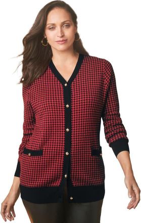 Jessica London V-Neck Cardigan Sweater in Red & Black Small Houndstooth at Nordstrom, Size Medium