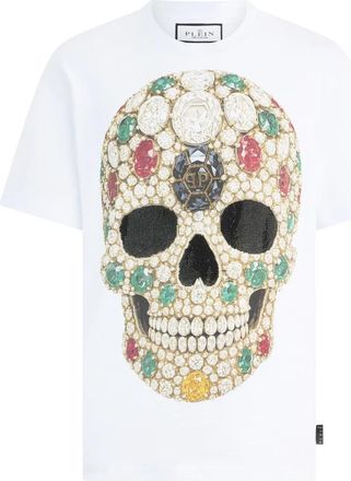 Philipp Plein T-shirt met ronde hals en doodshoofd van steentjes - Heren - T-shirts - Wit - M - Katoen - Tops