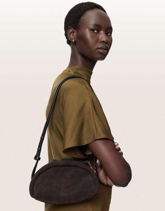 AllSaints Rosalie Arc - Borsa a tracolla in pelle scamosciata marrone scuro