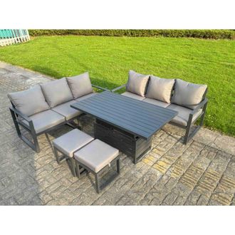 Fimous Fimous 5 Pieces Garden Furniture Set Aluminium Adjustable Rising Lifting Dining Table and Sofa Set with 2 Small Footstools Dark Grey