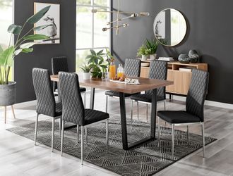 Furniturebox Kylo Large Brown Wood Effect Dining Table & 6 Milan Chrome Leg Faux LeatherChairs in Black