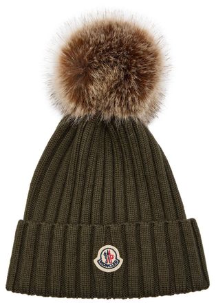 Moncler Ribbed Wool Bobble hat - Khaki - One Size