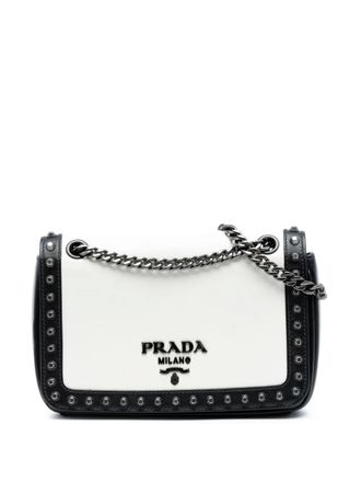Prada 2000-2025 Small Studded Glace Calf Chain Flap shoulder bag - Bianco