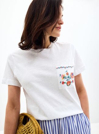 Contemporaine Womens Embroidered pocket 100% organic cotton slub T-shirt
