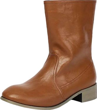 Generic Womens Vintage Style Mid Calf Boots Round Toe Med Chunky Heel With Platform Slip On Design For Casual Daily Wear