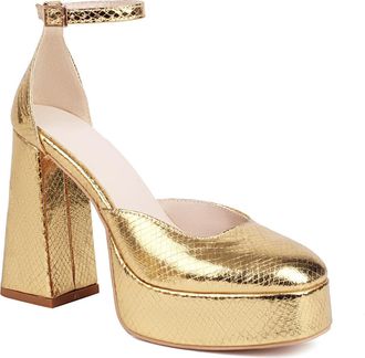 Generic Womens Chunky High Heel Platform Pumps Round Toe PU Leather Bridal Shoes Ankle Strap Wedding Party Prom Shoes with Buckle,Gold,4.5 UK