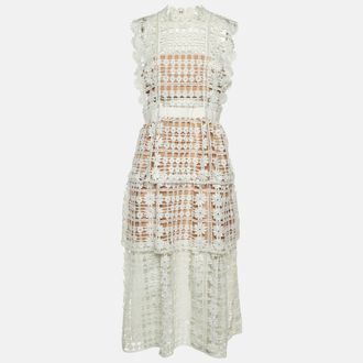 Self Portrait White Floral Lattice Lace Sleeveless Midi Dress