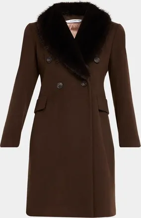 Fleurette Wool Double-Breasted Coat with Faux Fur Collar