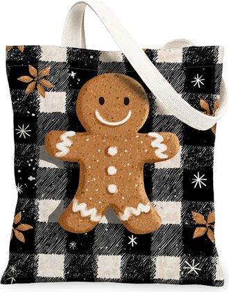 Generic Gingerbread Canvas Tote Bags, Festive Holiday Plaid Pattern Reusable Grocery Bags, Winter Cozy Lightweight Washable Shoulde, Brown, 13x15 Inch