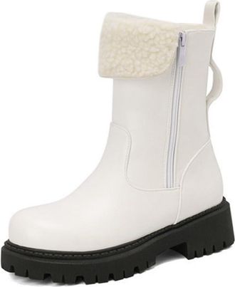 Generic Womens Fashion Winter Biker Boots Round Toe Platform Chunky Heels Short Booties with Side Zipper (5.5,White)