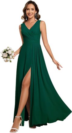Ever-pretty Womens Chiffon Double V-Neck Side Slit Maxi Bridesmaid Dress Dark Green S