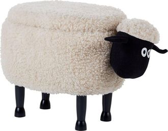 Beliani Beliani - Kids Animal Stool Faux Fur Pouffe with Storage Wooden Legs Playroom Light Beige Sheep