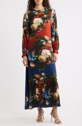 Elie Tahari The Renata Floral Long Sleeve Silk Blend Maxi Dress in Mystical Forrest at Nordstrom, Size 16