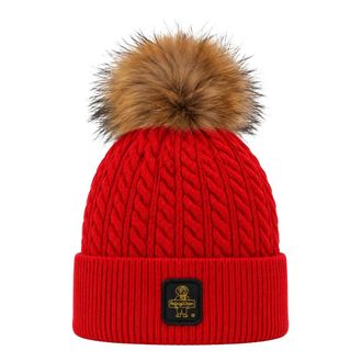 RefrigiWear Kabelgebreide muts met logopatch en pompon - Dames - Accessoires - Rood - Maat: M