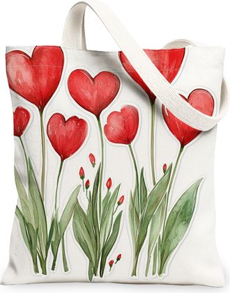 Generic Romantic Floral Canvas Tote Bags, Heart Flower Pattern Reusable Grocery Bags, Lightweight Washable Shoulder Strap for Summer Travel Picnic 13x15 Inch