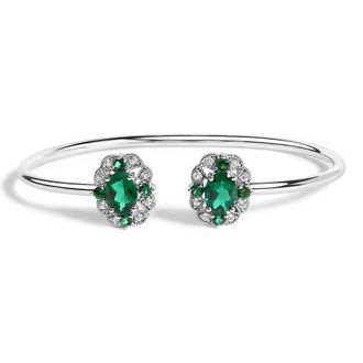 House of Brilliance Sterling Silver White Topaz and Green Emerald Floral Bangle Bracelet 6.5 Inch