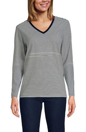 Lands End Relaxed Supima Cotton Long Sleeve V-Neck T-Shirt in Deep Sea/ivory Micro Stripe at Nordstrom, Size X-Small