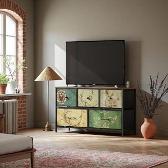 OEM C&oacute;moda De Dormitorio, 5 Cajones, Pies Ajustables, Motivo Floral, Estilo Art&iacute;stico Retro, 100 X 30 X 55 Cm, Multicolor