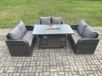 Fimous Rattan Outdoor Garden Furniture Sofa Set Gas Fire Pit Dining Table Gas Heater with Love Sofa Dark Grey Mixed