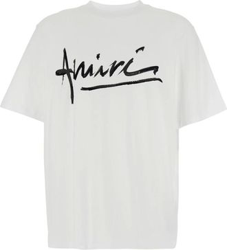 Amiri Tops, Heren, Wit, XL, Katoen, T-shirt met ronde hals en logo-opdruk