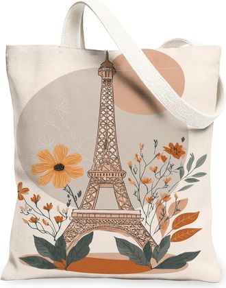 Generic Paris Tower Floral Canvas Tote Bags, Vintage Flower Print Reusable Grocery Bags, Lightweight Washable Shoulder Strap Tote F, Beige, 13x15 Inch