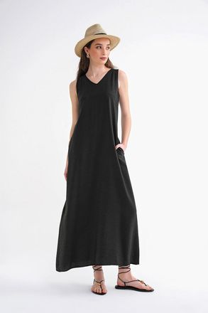 Mixray V-hals Mouwloze Maxi Jurk met Zakken