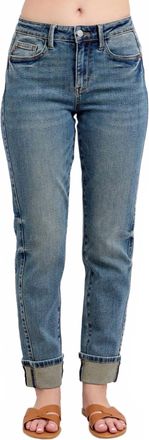 Judy Blue Vintage Wash Panel And Double Roll Cuff Boyfriend Jeans In Blue