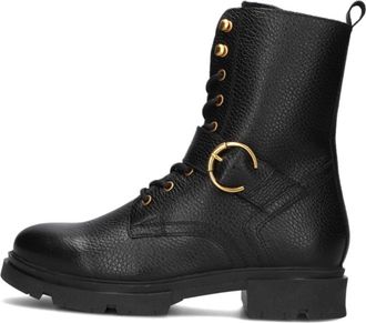 Omoda Zwarte Veterboot met Gouden Details - Dames - Veterlaarzen - Zwart - 38 EU - Leer - Schoenen